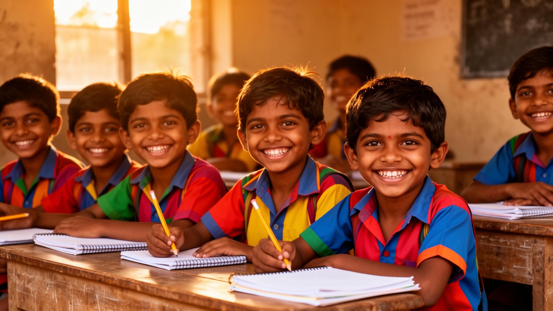 Joyful rural Rajasthani children studying together in a classroom